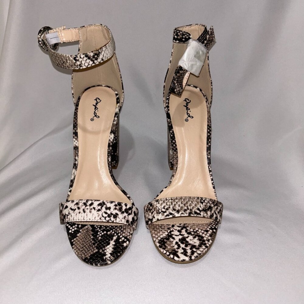 Qupid Snake Print Ankle Strap Block Heels - Black, Cream, Brown